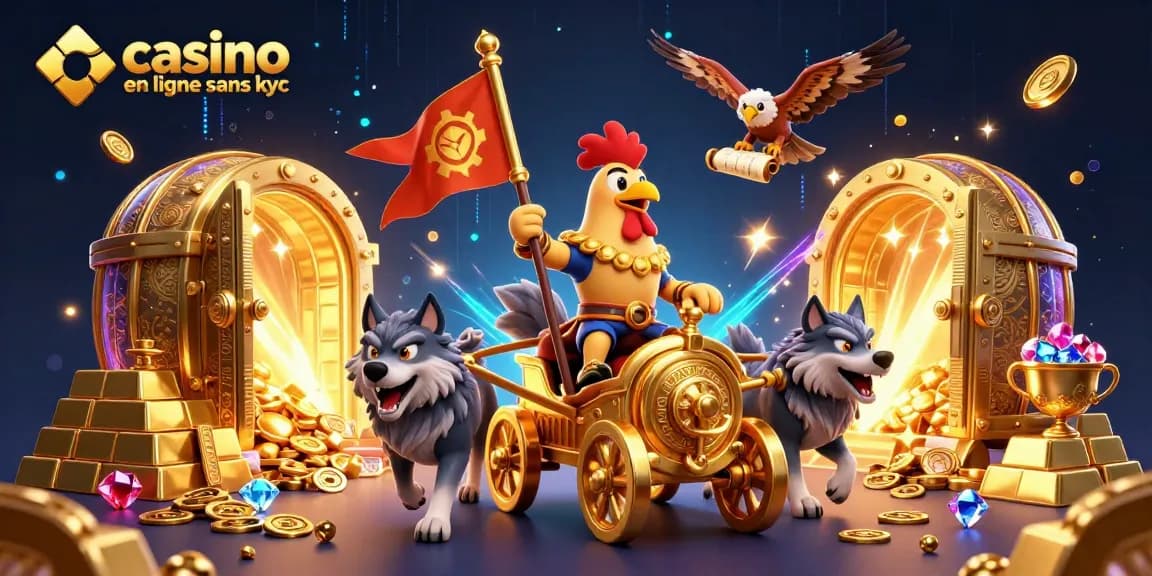 Jouez sur casino en ligne sans kyc avec un roi coq guerrier, trésors et lumières magiques.