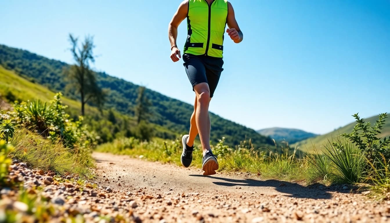 The runner demonstrates agility and style while wearing running vests on a vibrant outdoor trail.