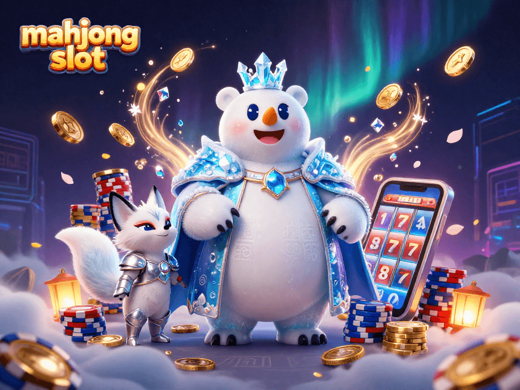 Engage with the mahjong slot adventure featuring a polar bear king and snow fox amidst dazzling casino elements.