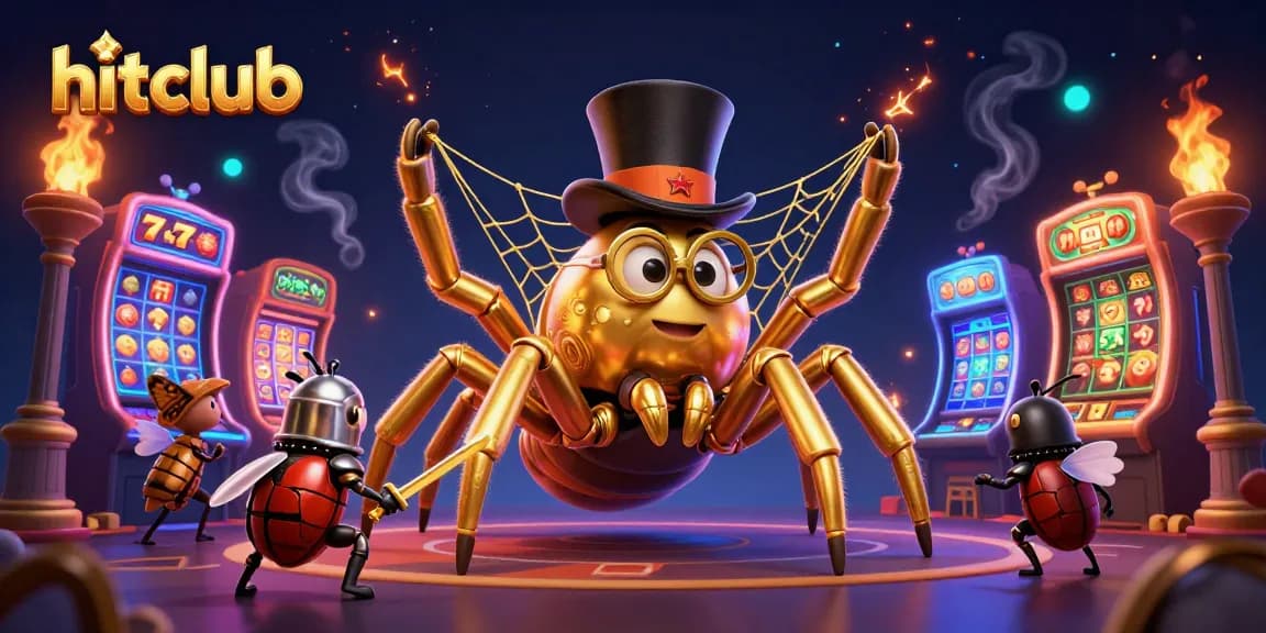 Experience the excitement of hitclub with a giant golden tarantula and beetle knight in a lively casino setting.