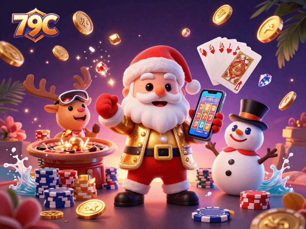 Explore o emocionante mundo do 79C com Papai Noel e amigos em uma cena de cassino vibrante.