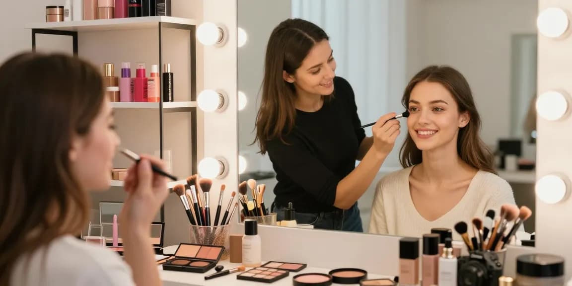Trucco personalizzato applicato da un artista a una giovane donna in uno studio luminoso.