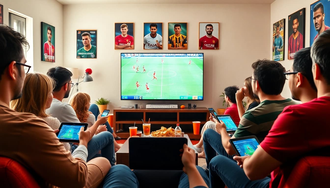 Menikmati bolakami di ruang tamu yang cerah sambil menonton pertandingan sepak bola.