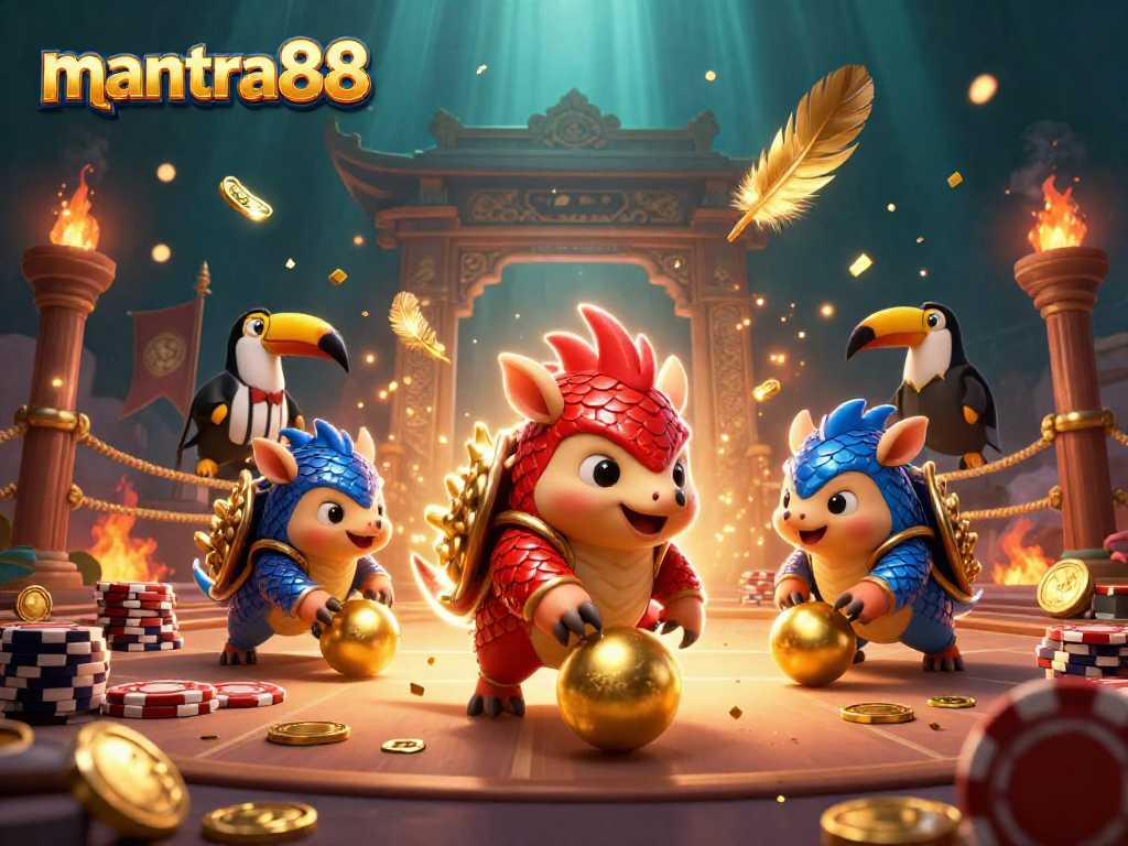 Engage with mantra88 as rival pangolins roll golden balls in an exciting casino setting.