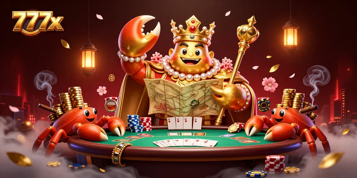 Experience the vibrant casino world of 777x with a golden crab emperor and lively gaming elements.