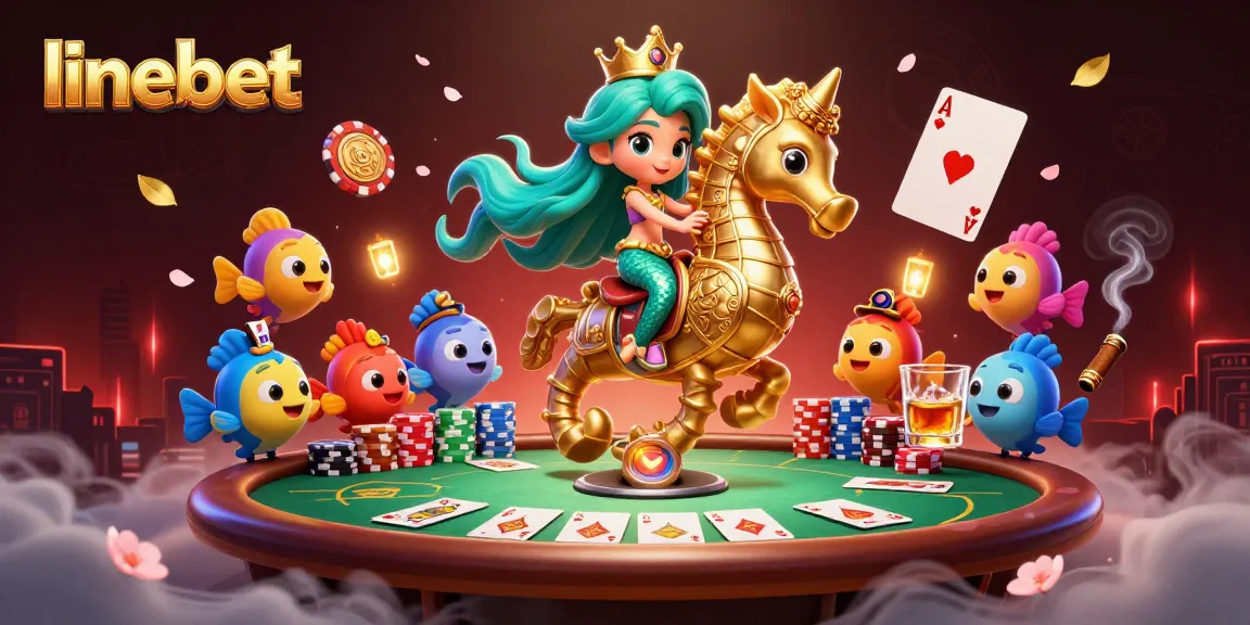 Experience the excitement of linebet with a vibrant casino scene featuring a mermaid, poker elements, and dynamic visuals.