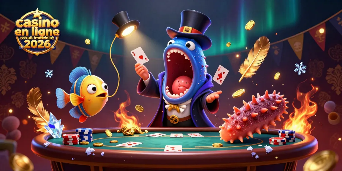 Une scène captivante de casino en ligne retrait immédiat 2026 avec des personnages marins jouant aux cartes.