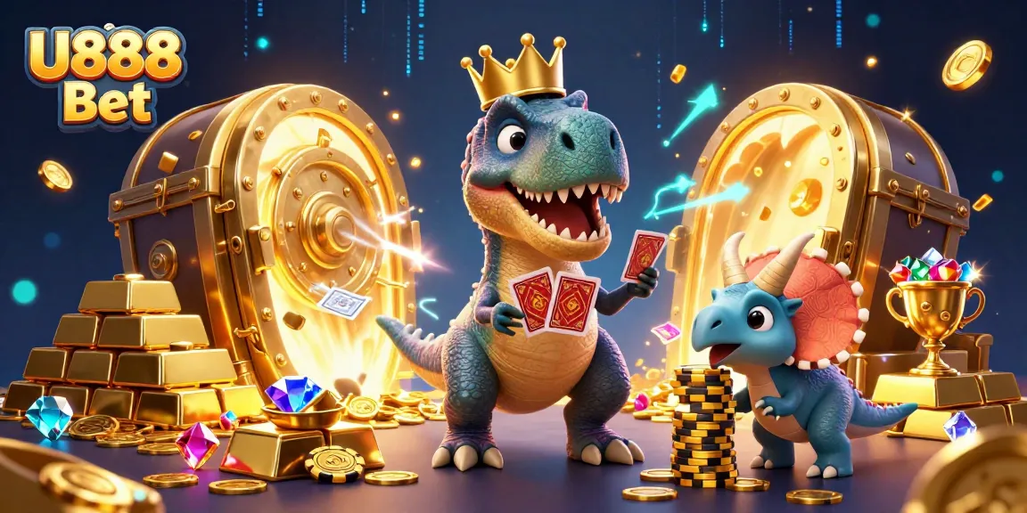 Engage with U888 Bet as playful characters shuffle cards, stack chips, and explode with treasures.