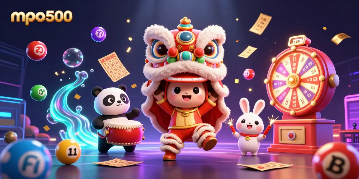 Join the mpo500 gaming experience with vibrant lottery balls and fun characters celebrating!