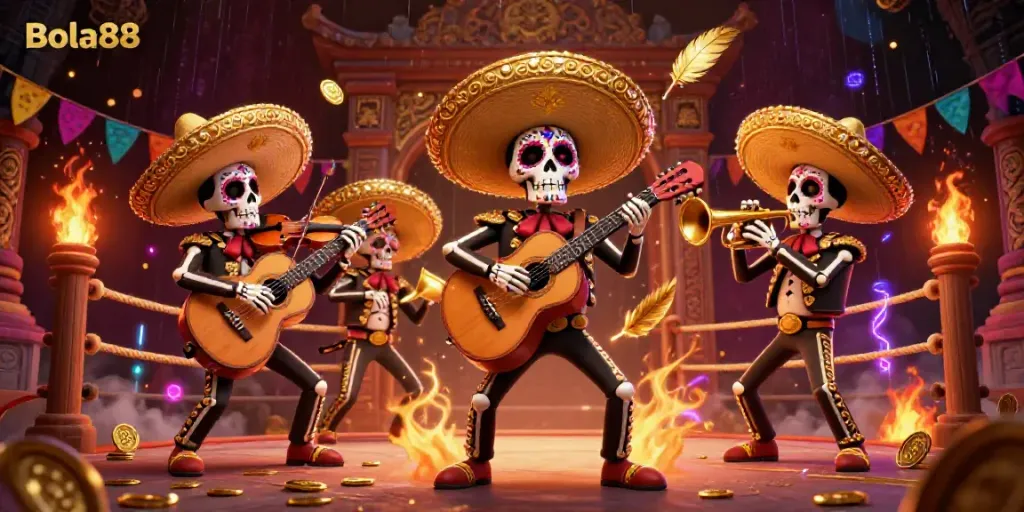 Bola88 mariachi band illustration with vibrant colors and dynamic casino elements.