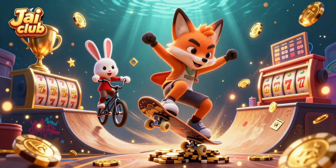 Engage in thrilling gameplay at Jai club with 3D cartoon characters showcasing dynamic actions amidst casino elements.