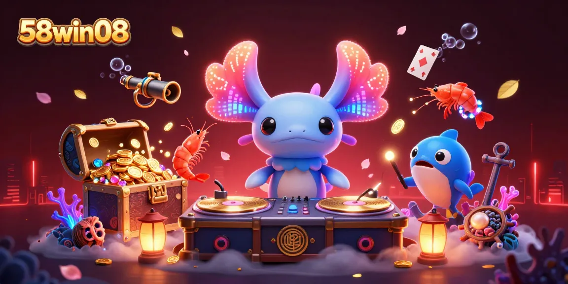 Experience the excitement of 58win08 with vibrant underwater characters and dynamic casino-themed elements.