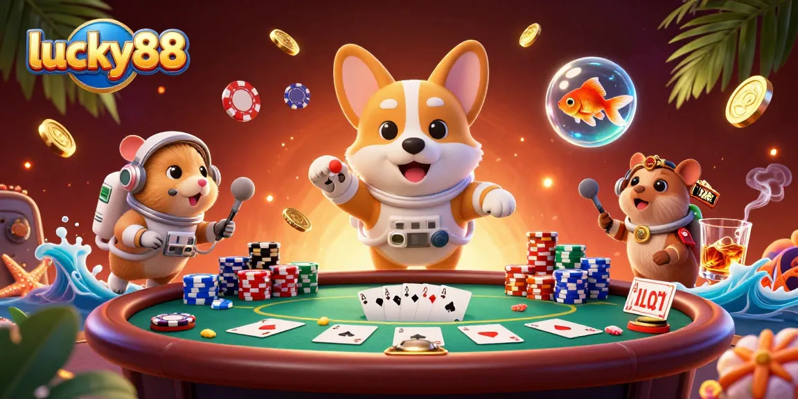 Engage with lucky88 in a vibrant space casino scene featuring an astronaut corgi, captivating game elements, and colorful poker details.