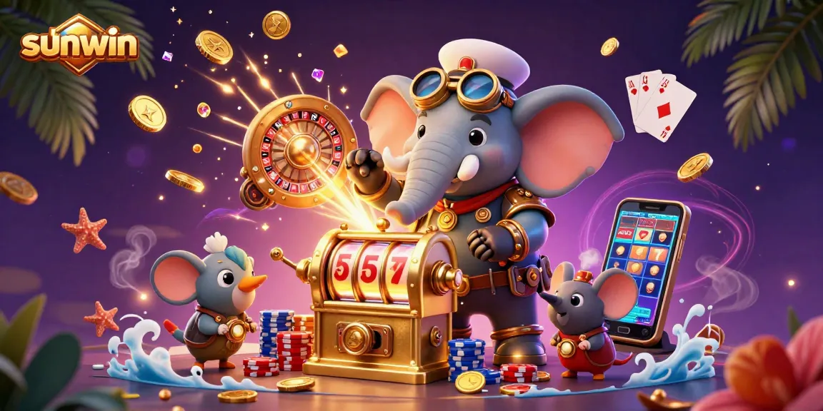 Experience the thrill of sunwin's golden slots with a steampunk elephant and dazzling casino elements.