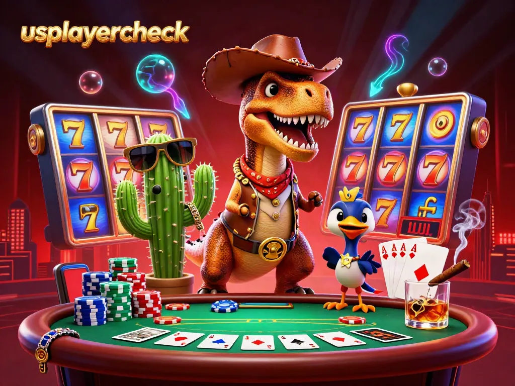 Spin slots with usplayercheck's vibrant 3D illustration featuring a T-Rex, cactus, and roadrunner in a casino setting.