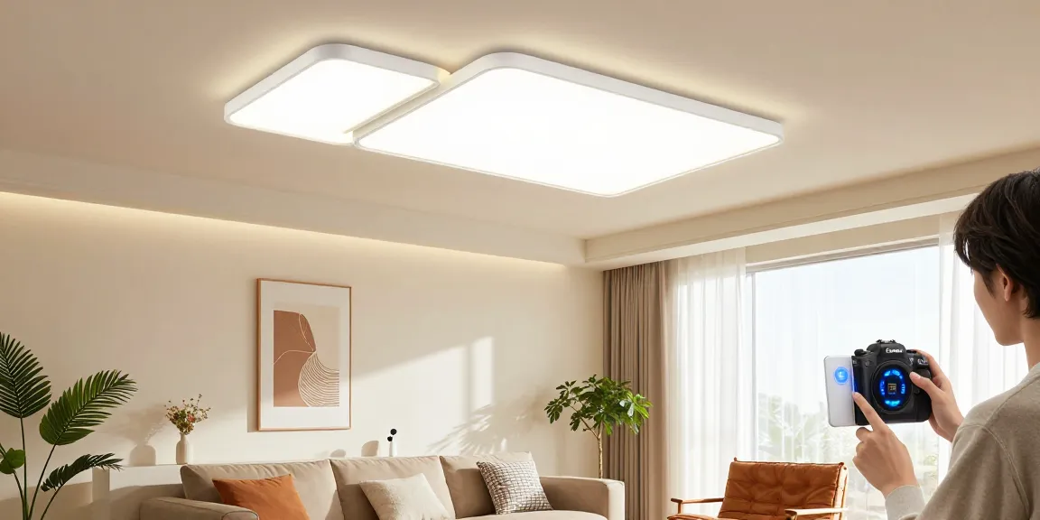 Aplice tavan moderne în living room cu lumină caldă și decorațiuni contemporane.