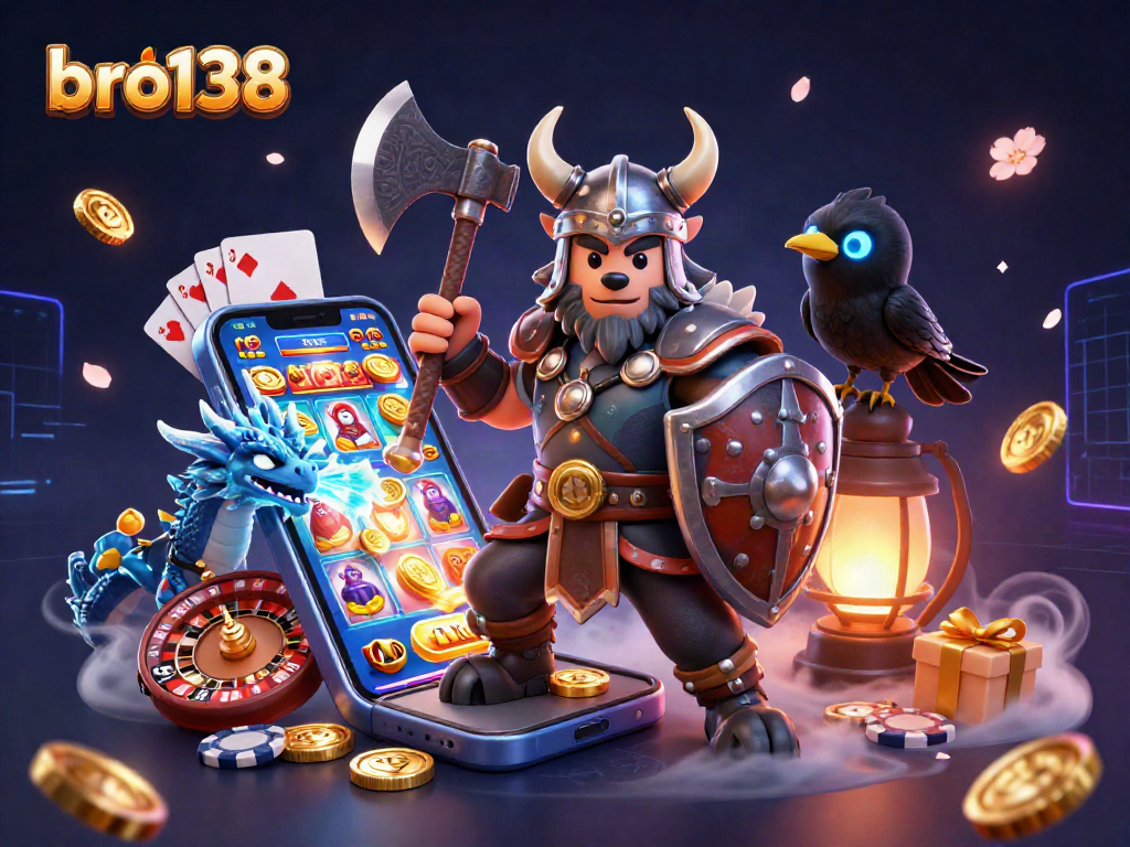 Spin winning slots with bro138's Viking warrior and dragon in an epic 3D casino scene.