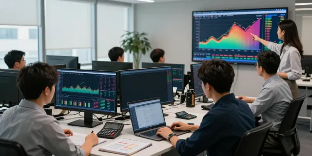 Traders analyzing data with MetaTrader 5 on multiple screens in a modern workspace.
