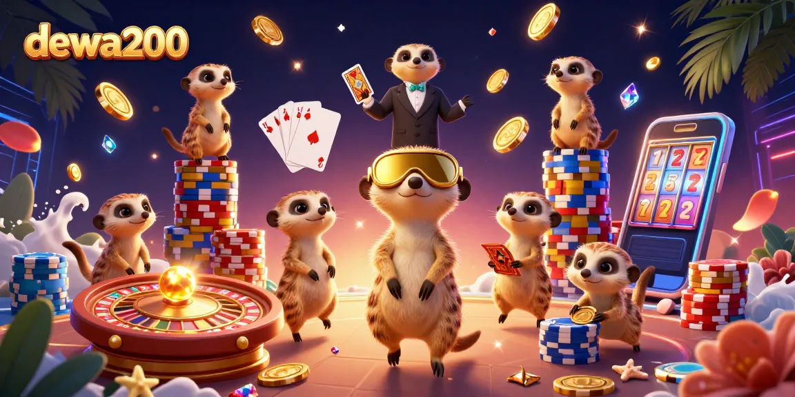 dewa200 menghadirkan kasino meriah dengan koloni meerkat yang menjalankan operasi, berkilauan emas dan permata.