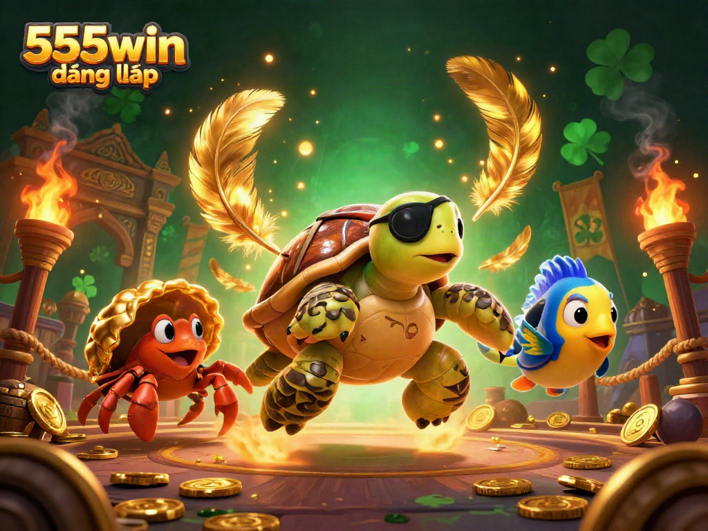 Experience dynamic gaming with 555win đăng nhập featuring a playful turtle, crab, and fish amid treasure.