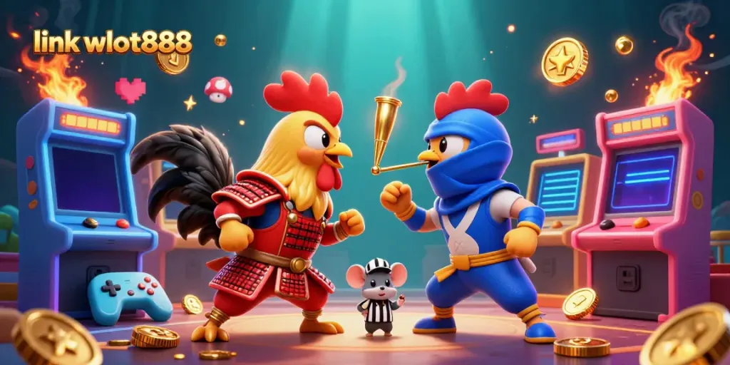 Raih kemenangan dengan link wslot888 di slot online, tampilkan roosters bertarung dalam ilustrasi 3D.