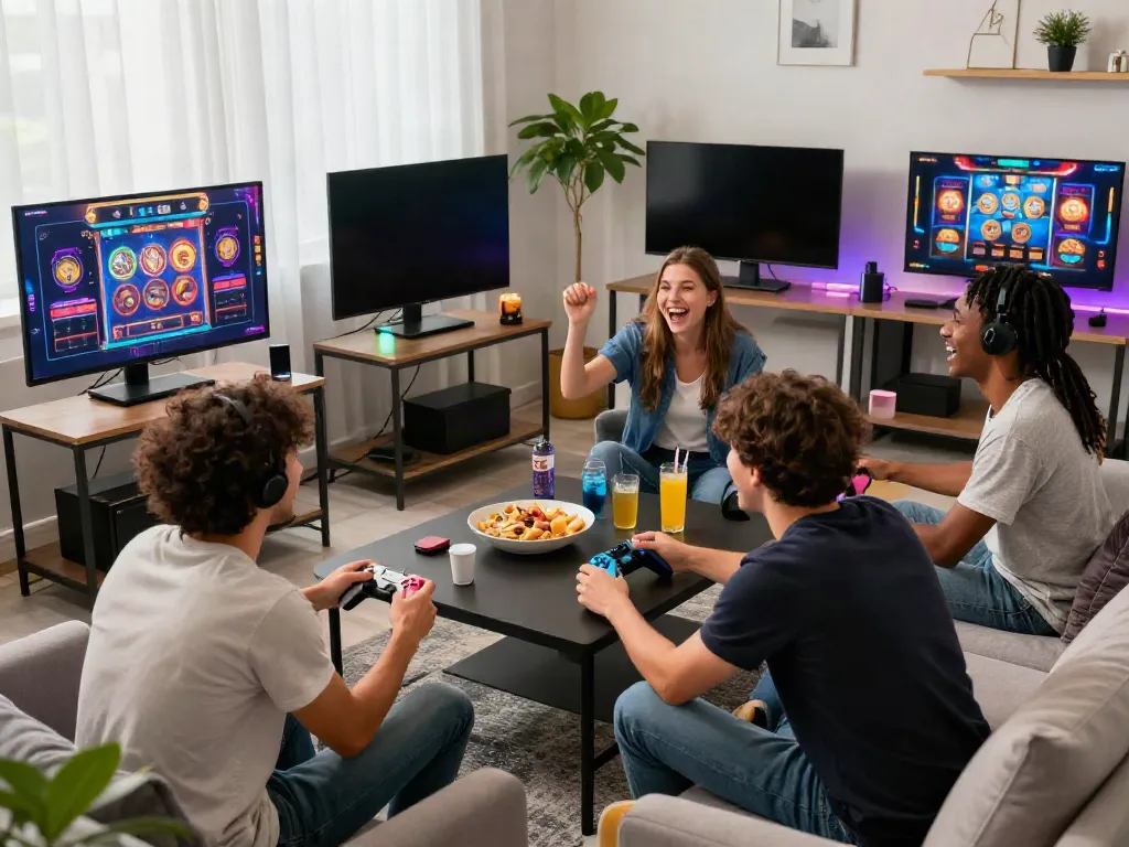 Experience thrilling ทดลองสล็อต gaming with friends in a vibrant living room.