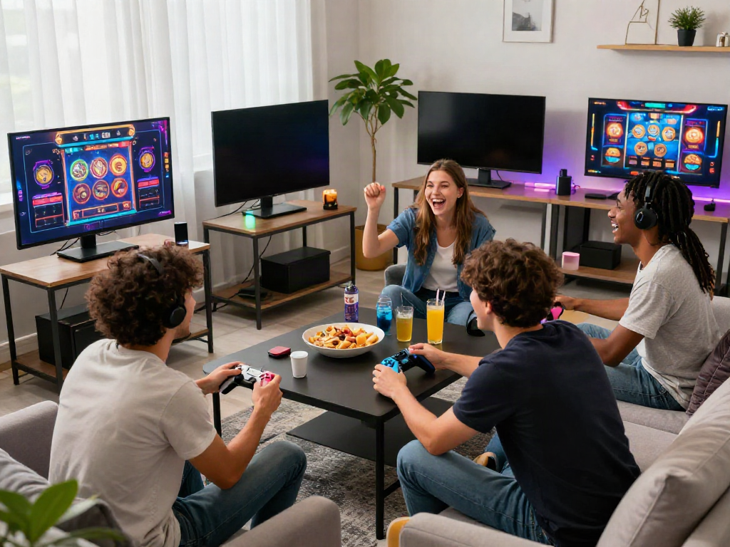 Experience thrilling ทดลองสล็อต gaming with friends in a vibrant living room.