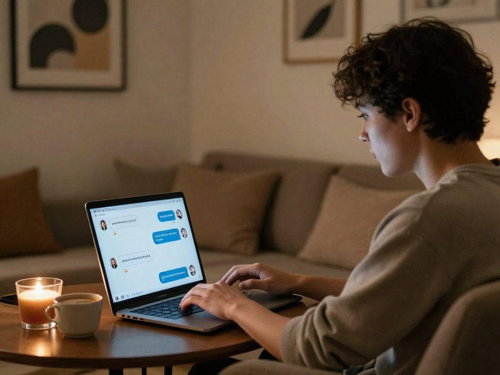 Engaging in ai nsfw chat on a laptop in a cozy home setting, showcasing playful interactions.