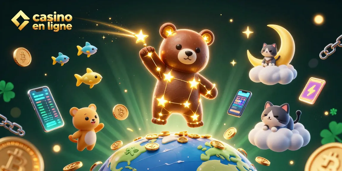 Admirez la scène d'un casino en ligne avec un ours constellation, des pièces de Bitcoin et Ethereum qui scintillent.