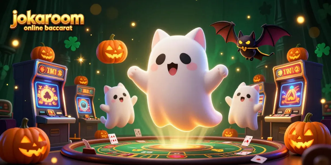 Engage with jokaroom online baccarat as a friendly ghost cat and bat explore a haunted casino scene.