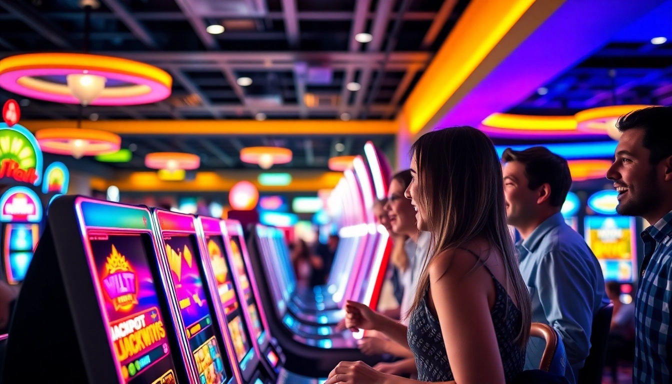 Exciting slot gambling scene with diverse players celebrating big wins at colorful slot machines.