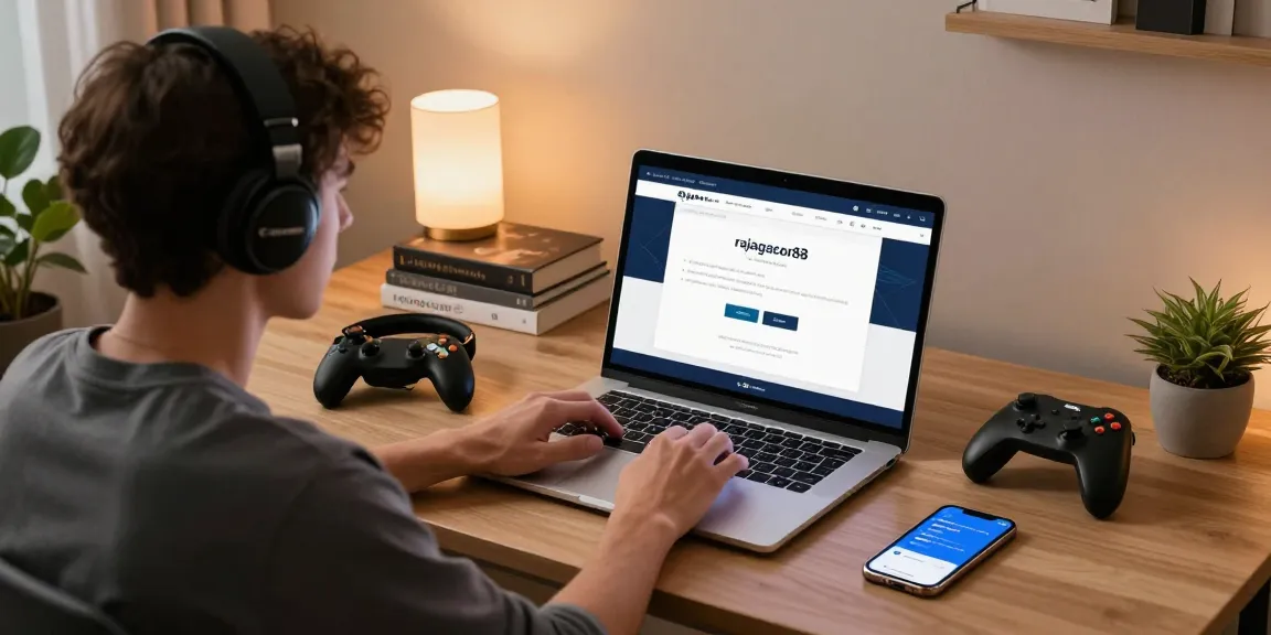 Accessing rajagacor88 login page in a cozy home office setup with gaming accessories.