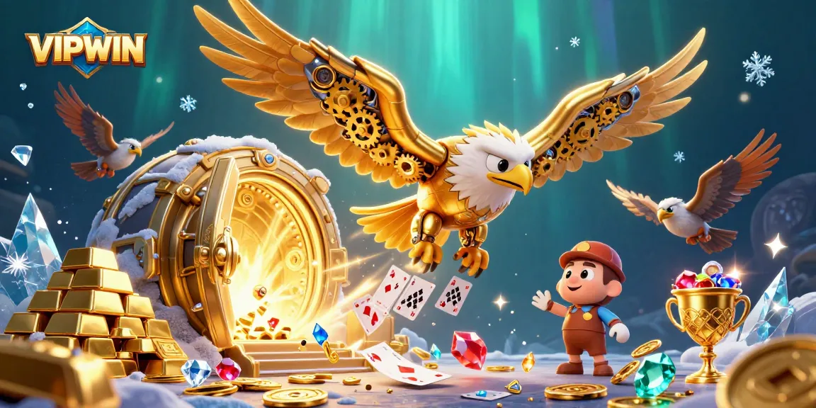Experience the thrill of VIPWIN with a golden eagle soaring through holographic cards and treasure riches.