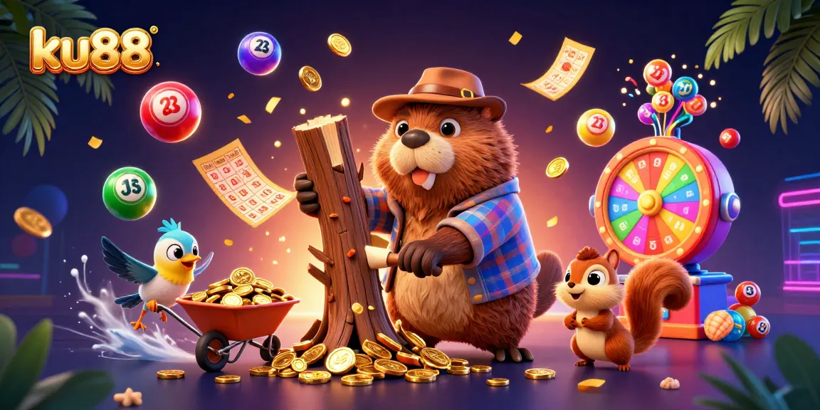 ku88 celebrates winning moments with a vibrant 3D illustration of characters collecting coins amidst gaming elements.