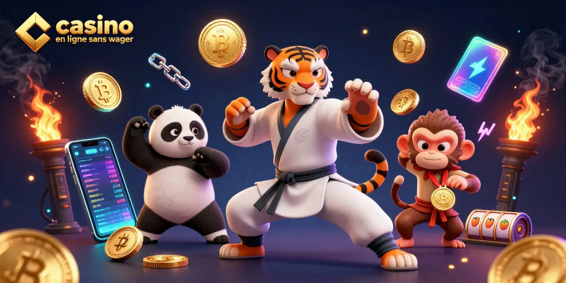 Illustration dynamique de casino en ligne sans wager avec un tigre maître en kung-fu, un panda disciple et un singe espiègle volent une médaille.