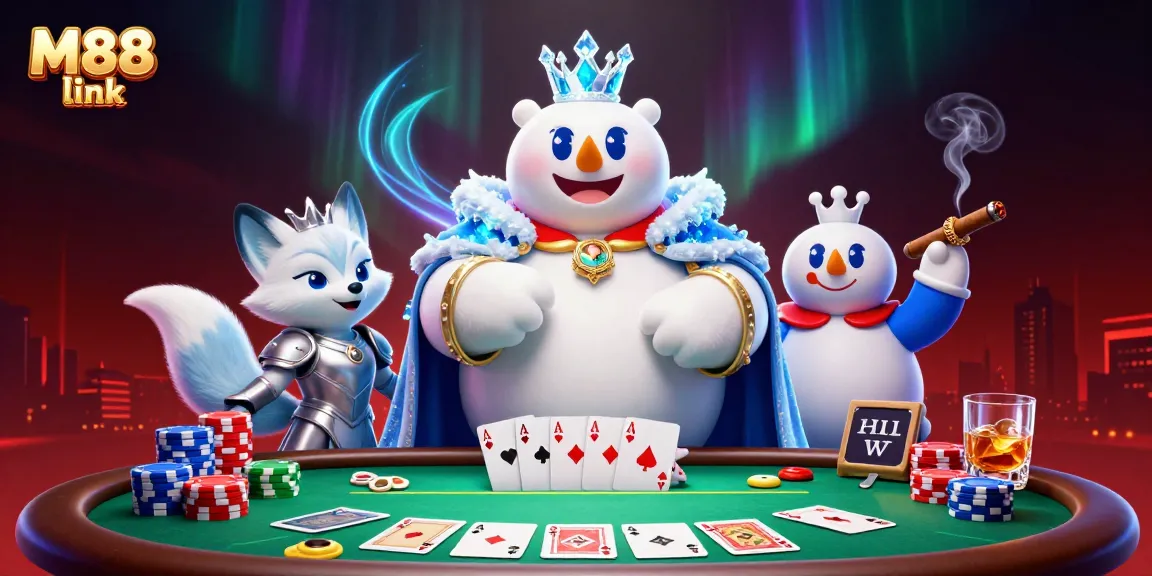 Experience the thrill of M88 link with a vibrant poker scene, showcasing an ice king polar bear and snow fox.
