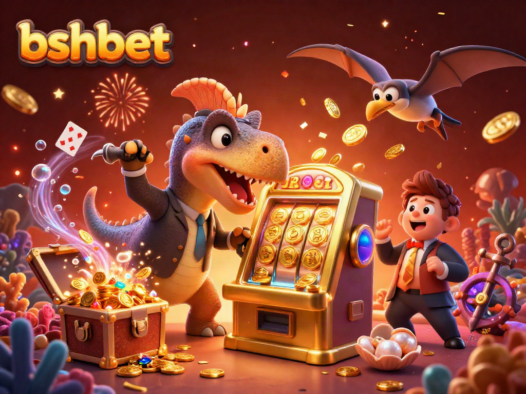 bshbet jackpot scene with a cartoon dinosaur, casino manager, and flying coins in a lively casino atmosphere