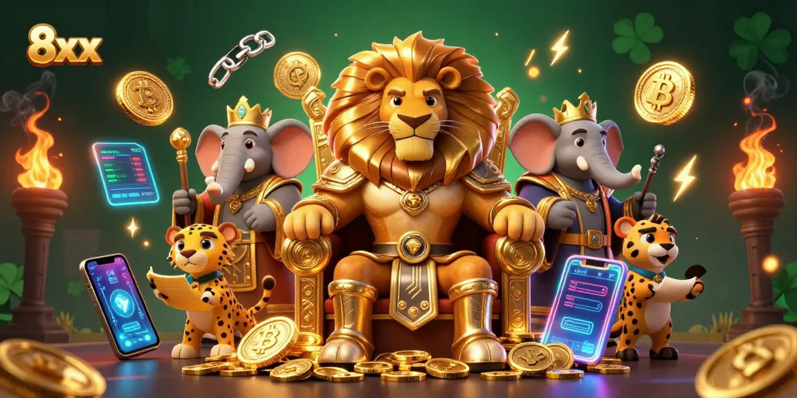 Experience thrilling 8xx gaming action with vibrant 3D casino characters and cryptocurrency elements.