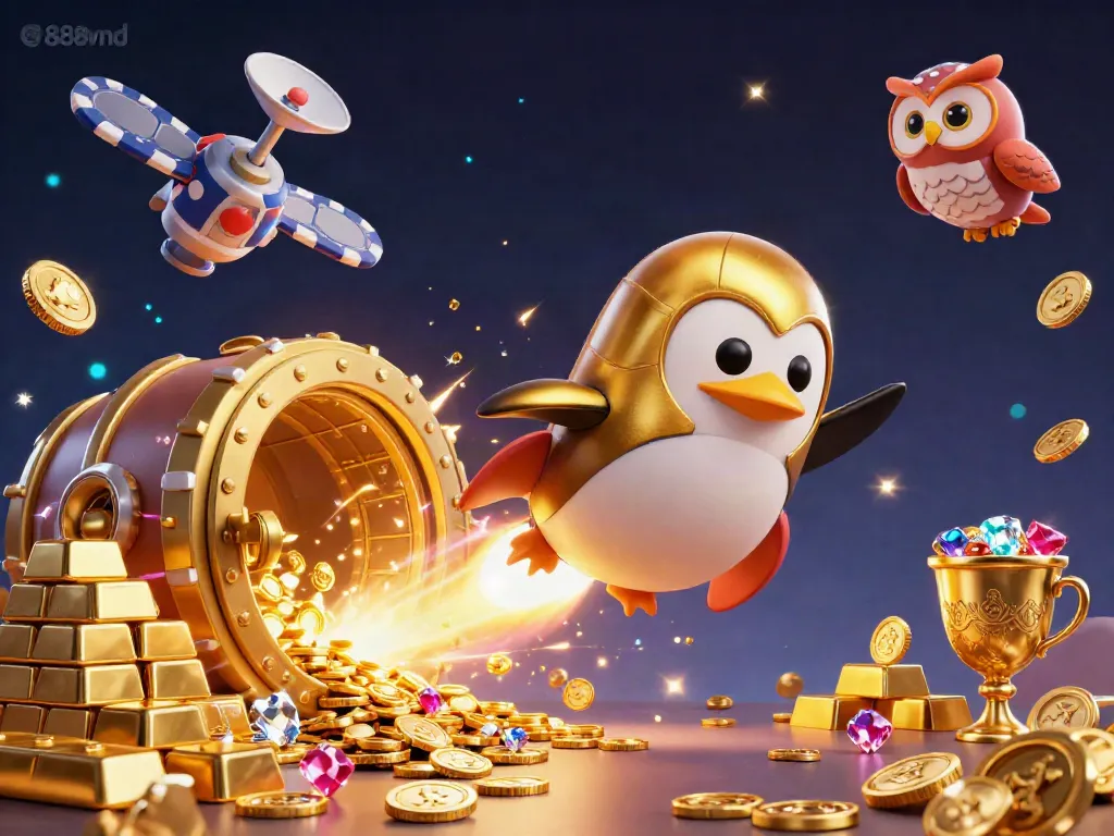 Engage with thrilling adventures at 888vnd through an energetic 3D illustration featuring a golden penguin and casino elements.