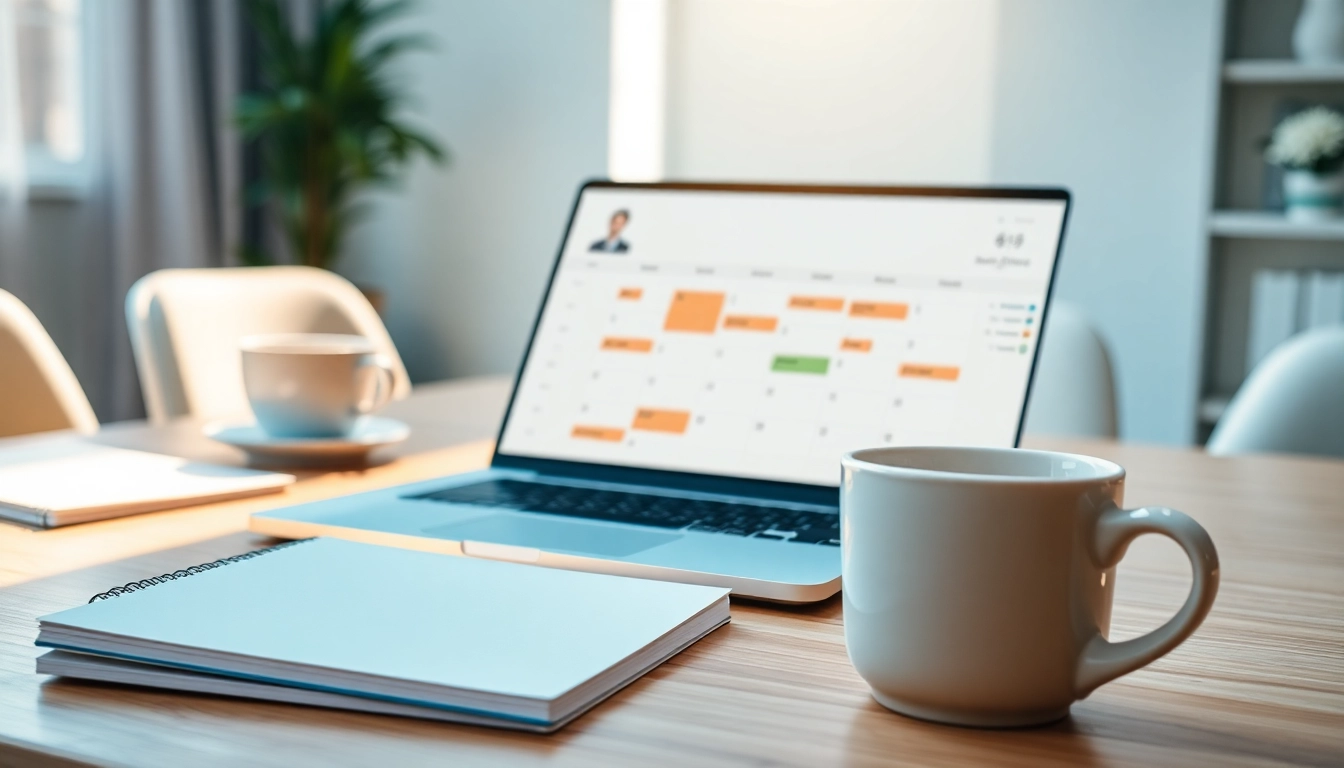 Utilize the never miss a meeting scheduling tool on a sleek laptop in an inviting workspace.