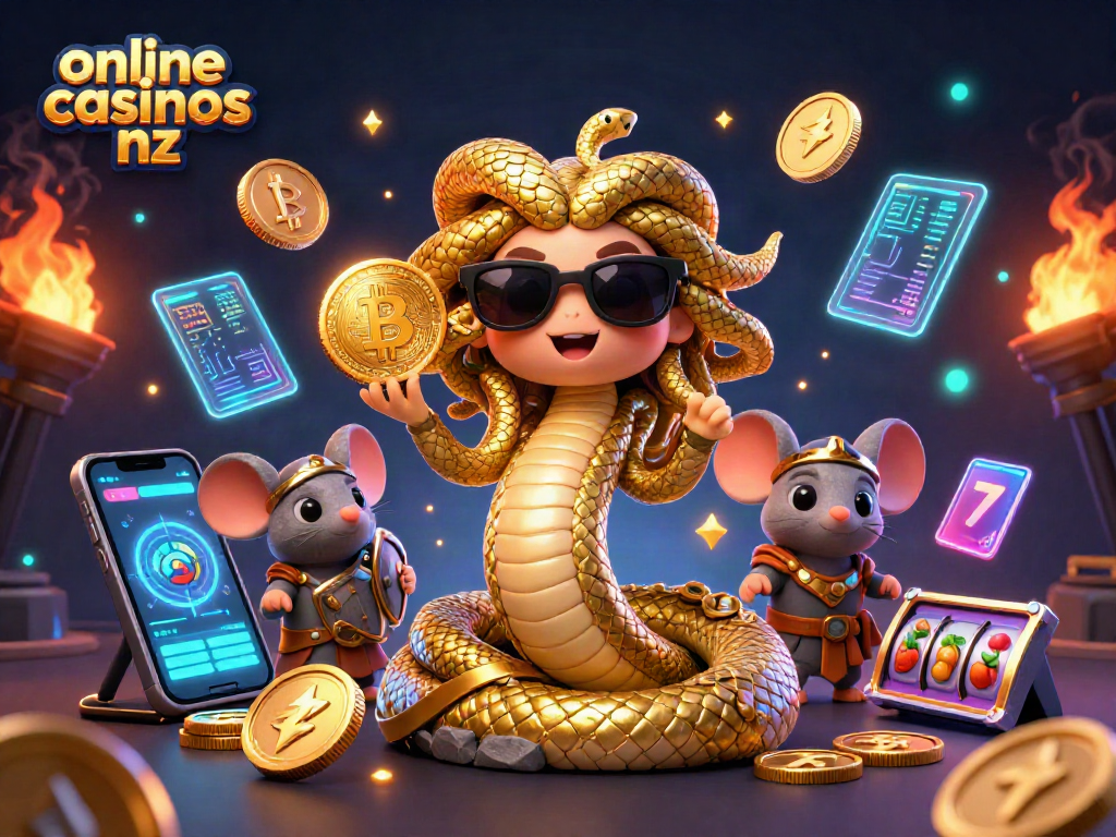 Experience thrilling gameplay at online casinos nz with a vibrant 3D illustration showcasing Medusa and a warrior mouse.
