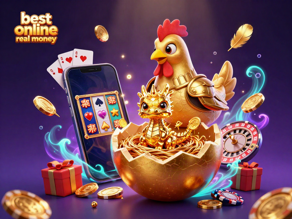 Play thrilling games at the best online casino real money, featuring colorful slots, golden rewards, and a baby dragon.