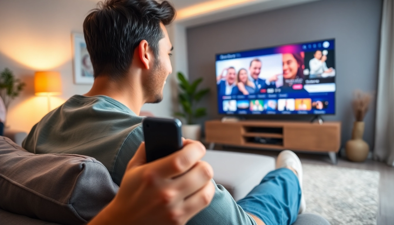 Enjoying IPTV Free Trial No card in a cozy living room with a modern TV setup.