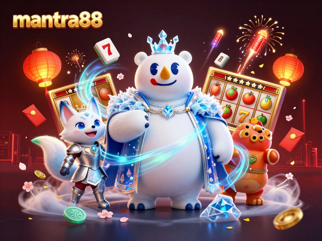 Experience mantra88's exciting casino adventures with a playful ice king polar bear and snow fox.