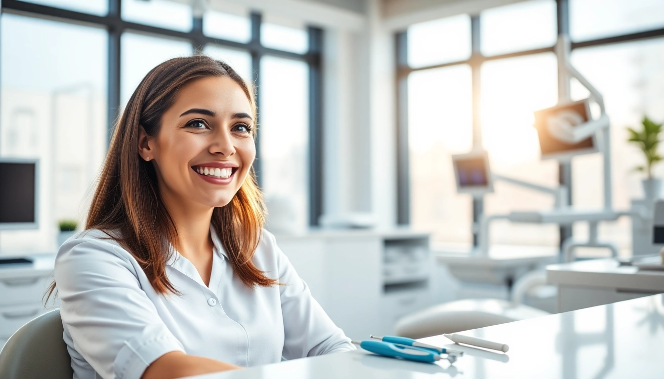 Dentist consulting with a patient in a modern dental office to provide care.