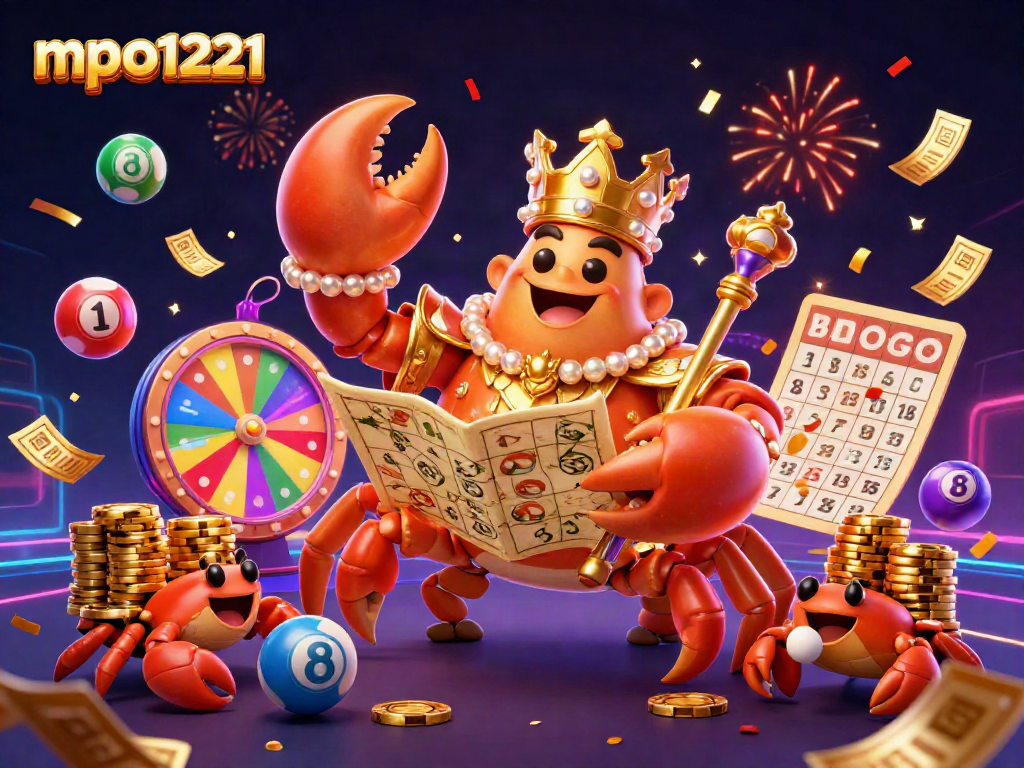 mpos1221 showcases a vibrant golden crab emperor amidst lottery-themed elements, perfect for casino promotions.