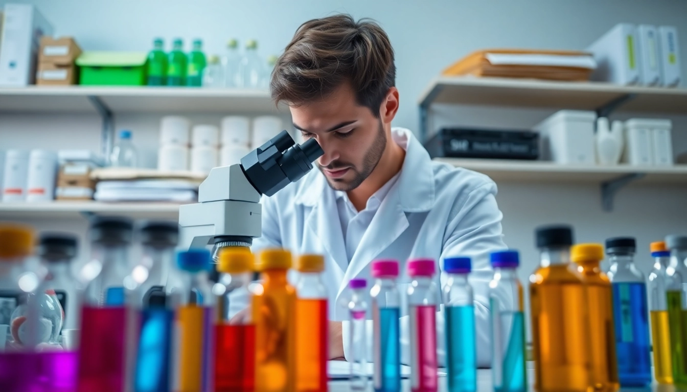 Analyze peptides at https://peptideprice.store/ with a laboratory researcher in a bright lab setting.