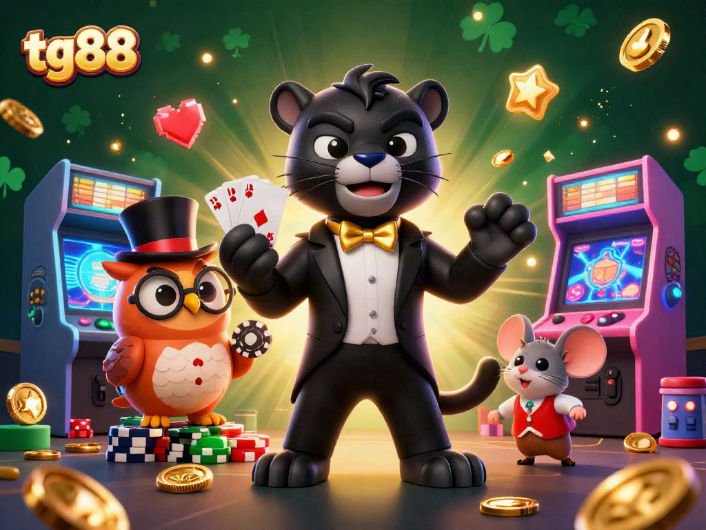 Engage with the tg88 casino scene as the stylish black panther deals cards amidst colorful arcade machines.