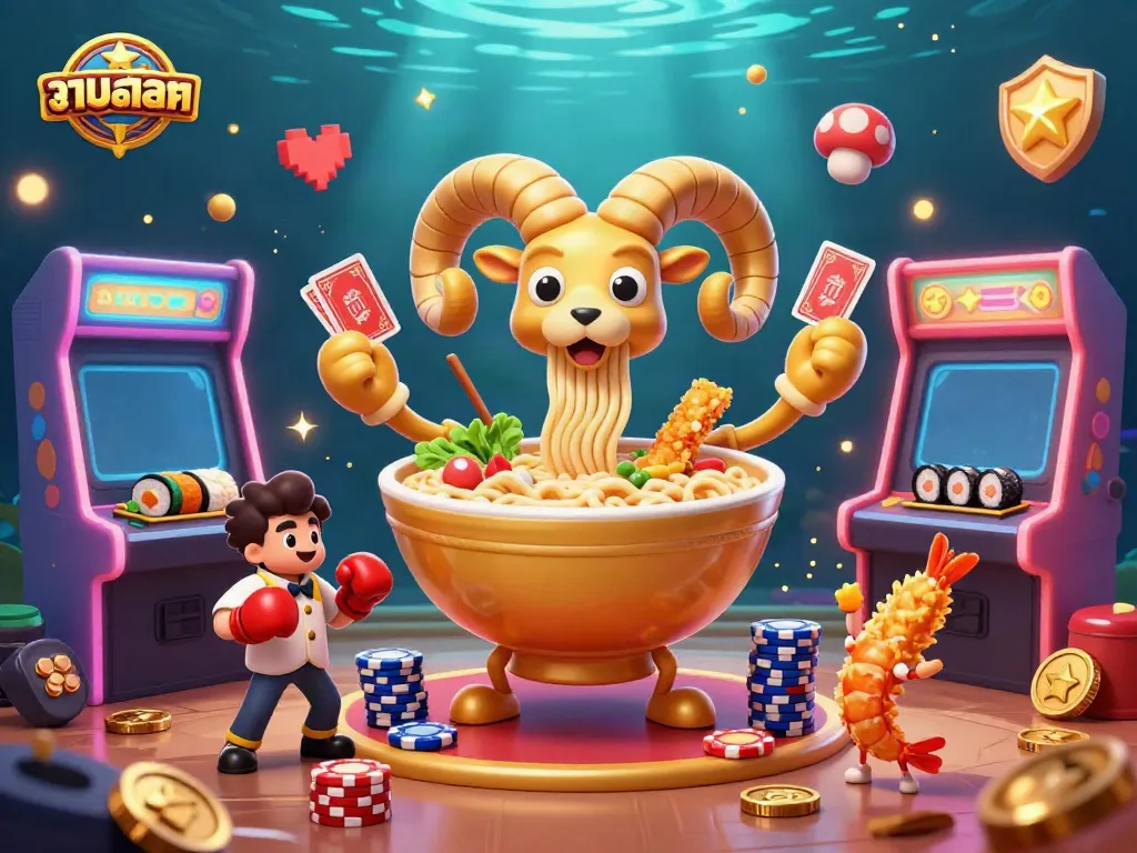 Engage with รวมสล็อต interactive 3D illustration featuring a ramen bowl character dealing cards and casino elements.
