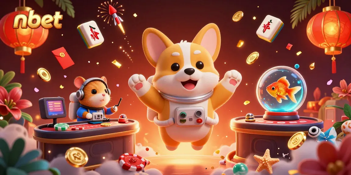 Experience the excitement of nbet casino with an astronaut corgi and colorful game elements in a vibrant space scene.